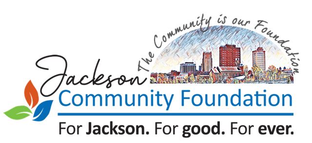 Jackson Community Foundation Logo with cityscape and picture of the state of MI